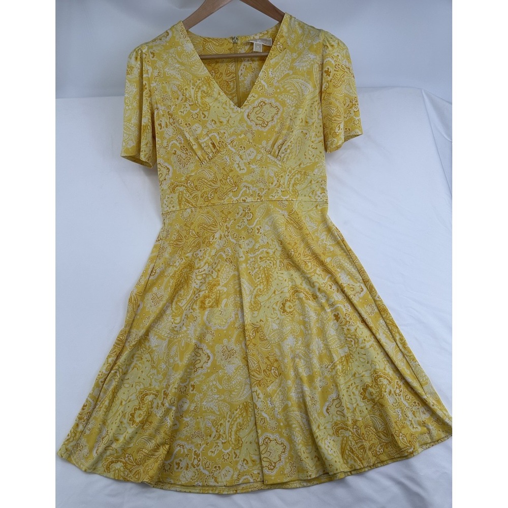 Michael Kors Paisley Empire Waist Boho Midi Dress Saffron Yellow Medium Women's